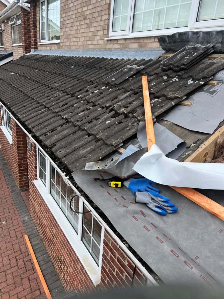 This is a photo of a pitched roof which is being repaired. The existing roof was leaking badly. Works carried out by MCM Roofing Repairs Trowbridge